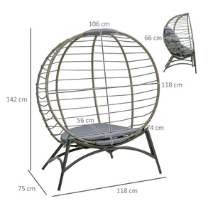 Folding Rattan Egg Chair, Freestanding Basket Chair with Cushion, Bottle Holder Bag for Outdoor or Indoor, Grey