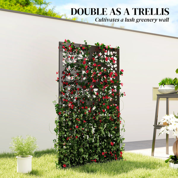 Metal Outdoor Privacy Screen, 72" x 38" Freestanding Outdoor Divider, Wall-Mounted Decorative Panel with Symmetrical Pattern Cut-out Design for Garden Patio, Black