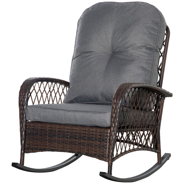 Rattan Rocking Chair, Outdoor Wicker Patio Rocker Chair Furniture with Thick Cushions, for Garden Backyard Porch, Grey