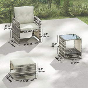 5 Piece Patio Furniture Set, Wicker Patio Chairs with Ottomans, 2-Tier Glass Coffee Table, Cushions, Outdoor Patio Furniture Conversation Set for Balcony, Grey/Cream White