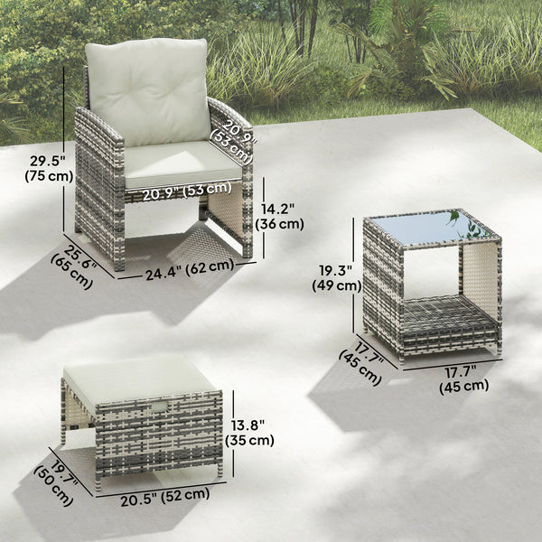 5 Piece Patio Furniture Set, Wicker Patio Chairs with Ottomans, 2-Tier Glass Coffee Table, Cushions, Outdoor Patio Furniture Conversation Set for Balcony, Grey/Cream White