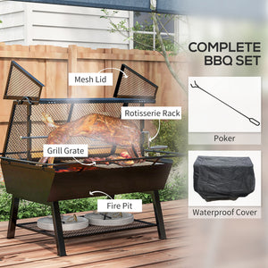 3-in-1 BBQ Rotisserie Grill Roaster Fire Pit with Storage Shelf, Mesh Lid and Poker, Charcoal Chicken Spit Roast Machine with Waterproof Cover for Outdoor Picnic Camping, Black