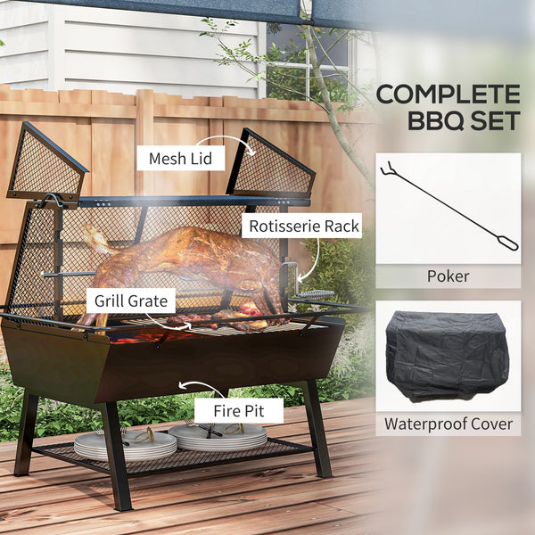 3-in-1 BBQ Rotisserie Grill Roaster Fire Pit with Storage Shelf, Mesh Lid and Poker, Charcoal Chicken Spit Roast Machine with Waterproof Cover for Outdoor Picnic Camping, Black