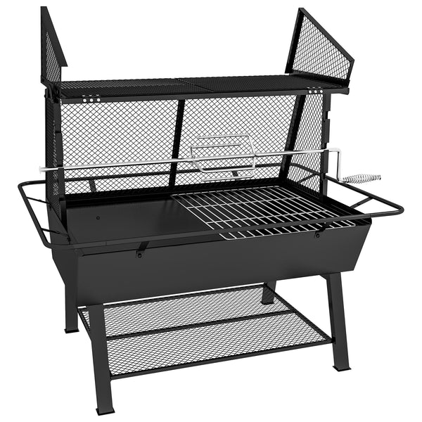 3-in-1 BBQ Rotisserie Grill Roaster Fire Pit with Storage Shelf, Mesh Lid and Poker, Charcoal Chicken Spit Roast Machine with Waterproof Cover for Outdoor Picnic Camping, Black