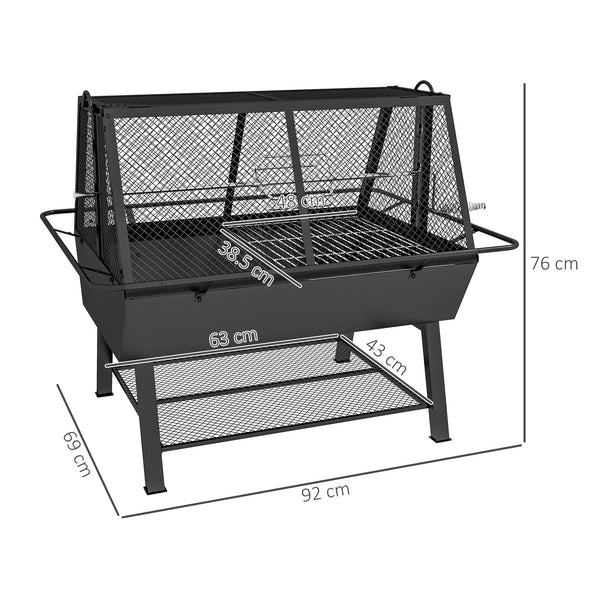 3-in-1 BBQ Rotisserie Grill Roaster Fire Pit with Storage Shelf, Mesh Lid and Poker, Charcoal Chicken Spit Roast Machine with Waterproof Cover for Outdoor Picnic Camping, Black
