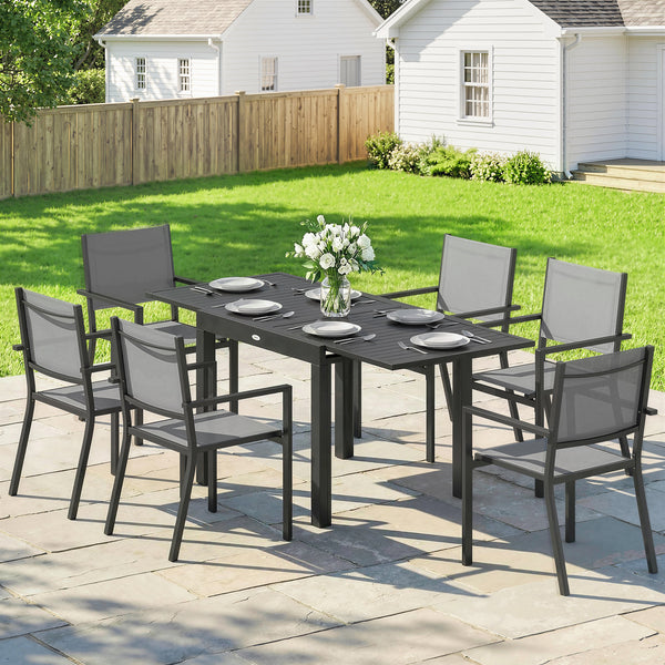 7 Pieces Outdoor Dining Set, Aluminum Patio Table and Chairs Set for 6 with Extendable Slatted Tabletop and Stackable Chairs, All-Weather Patio Dining Table and Chairs