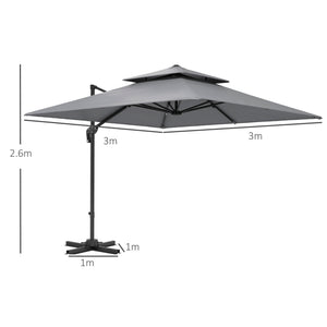 3 x 3(m) Cantilever Parasol with Aluminium Frame, Crank and Tilt, 360-Degree Rotation, Double Top Garden Umbrella with Cover (Only Cross Base), Light Grey