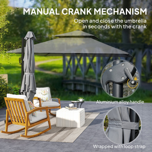 3 x 3(m) Cantilever Parasol with Aluminium Frame, Crank and Tilt, 360-Degree Rotation, Double Top Garden Umbrella with Cover (Only Cross Base), Light Grey
