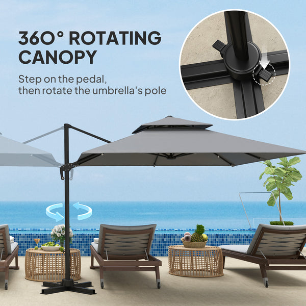 3 x 3(m) Cantilever Parasol with Aluminium Frame, Crank and Tilt, 360-Degree Rotation, Double Top Garden Umbrella with Cover (Only Cross Base), Light Grey