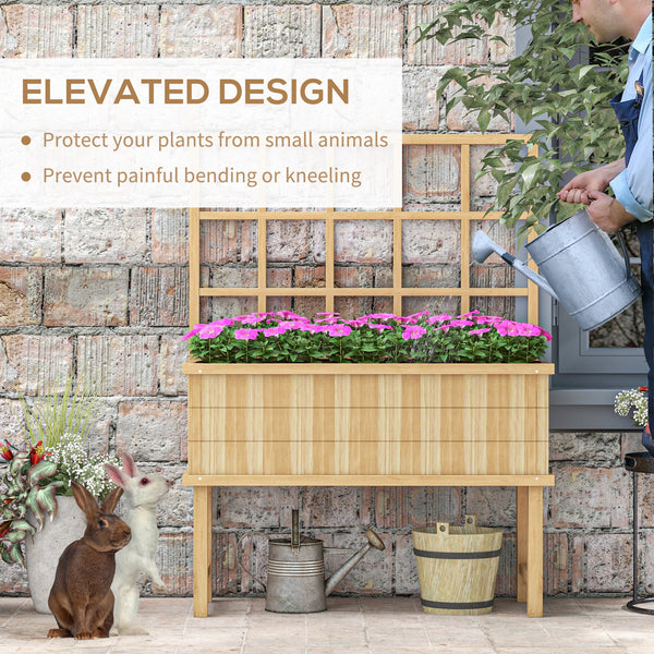 Wooden Raised Planter with Trellis for Vine Climbing Plants, Elevated Garden Bed with Drainage Holes and Bed Liner for Vegetables, Flowers, Herbs, 105 x 45 x 140cm, Natural