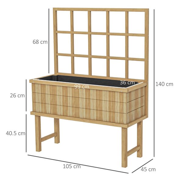 Wooden Raised Planter with Trellis for Vine Climbing Plants, Elevated Garden Bed with Drainage Holes and Bed Liner for Vegetables, Flowers, Herbs, 105 x 45 x 140cm, Natural