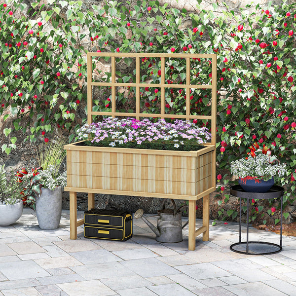 Wooden Raised Planter with Trellis for Vine Climbing Plants, Elevated Garden Bed with Drainage Holes and Bed Liner for Vegetables, Flowers, Herbs, 105 x 45 x 140cm, Natural