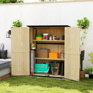 Outdoor Storage Cabinet, Wood Garden Tool Shed with Steel Frame and Asphalt Roof, Garden Storage Shed with 2 Shelves, Lockable Doors and Adjustable Feet for Patio Backyard Lawn, Natural