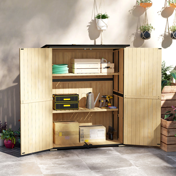 Outdoor Storage Cabinet, Wood Garden Tool Shed with Steel Frame and Asphalt Roof, Garden Storage Shed with 2 Shelves, Lockable Doors and Adjustable Feet for Patio Backyard Lawn, Natural