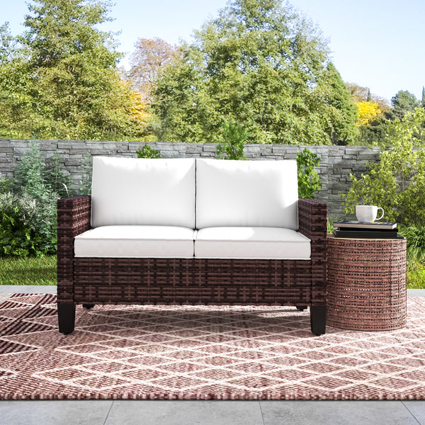 2 Seater Rattan Sofa with Cushions, Wicker Garden Loveseat with Armrests, Outdoor Garden Sofa Couch with Steel Frame for Balcony, Porch, Brown