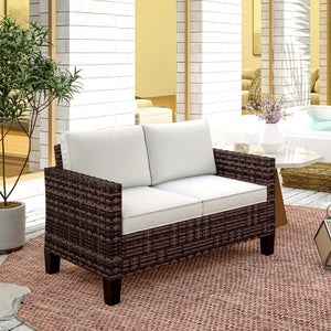 2 Seater Rattan Sofa with Cushions, Wicker Garden Loveseat with Armrests, Outdoor Garden Sofa Couch with Steel Frame for Balcony, Porch, Brown