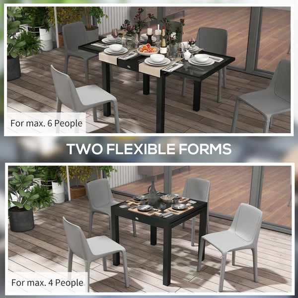 Extending Garden Table, Outdoor Dining Table with Aluminium Frame and Tempered Glass Tabletop, 80/160 x 80 x 75 cm, Black and Clear
