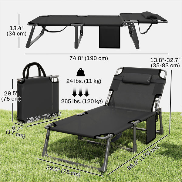 Lounge Chair Outdoor, 75 cm Wide Folding Chaise Lounge Tanning Chair, 5-Position Beach Patio Lounger Camping Cot Bed with Cushion, Side Pocket, Dark Grey