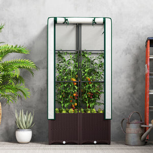 Raised Garden Bed with Trellis, Plastic Planter Box with PE Cover, Drainage Holes and Drain Plugs for Climbing Plants, Vegetables, Flowers, 80 x 40 x 140 cm