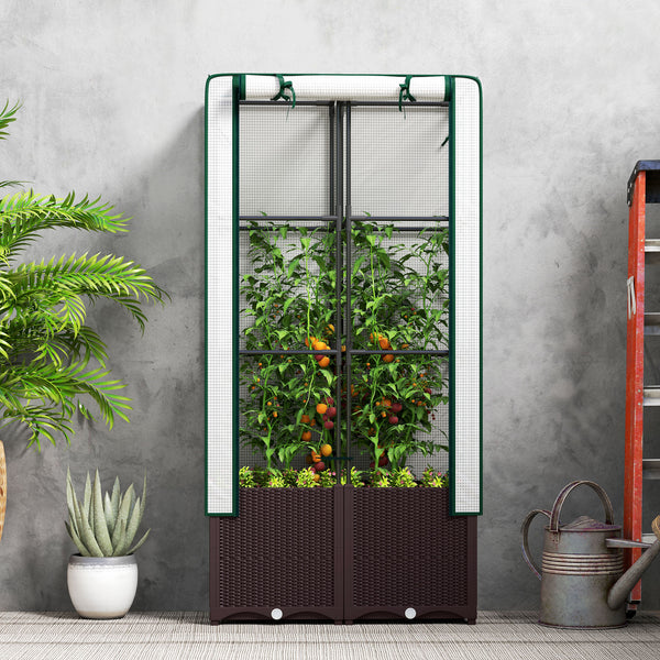 Raised Garden Bed with Trellis, Plastic Planter Box with PE Cover, Drainage Holes and Drain Plugs for Climbing Plants, Vegetables, Flowers, 80 x 40 x 140 cm