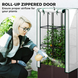 Raised Garden Bed with Trellis, Plastic Planter Box with PE Cover, Drainage Holes and Drain Plugs for Climbing Plants, Vegetables, Flowers, 80 x 40 x 140 cm