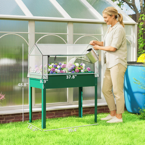 Raised Garden Bed with Greenhouse Cover, Elevated Planter Box with Legs and Drainage Hole for Vegetables Flowers Herbs, 39.4" x 18.9" x 48.8", Green