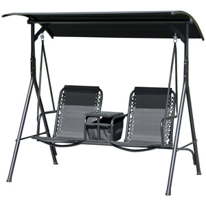 2 Person Covered Porch Swing Patio Swing with Pivot Storage Table, Cup Holder, & Adjustable Overhead Canopy, Black