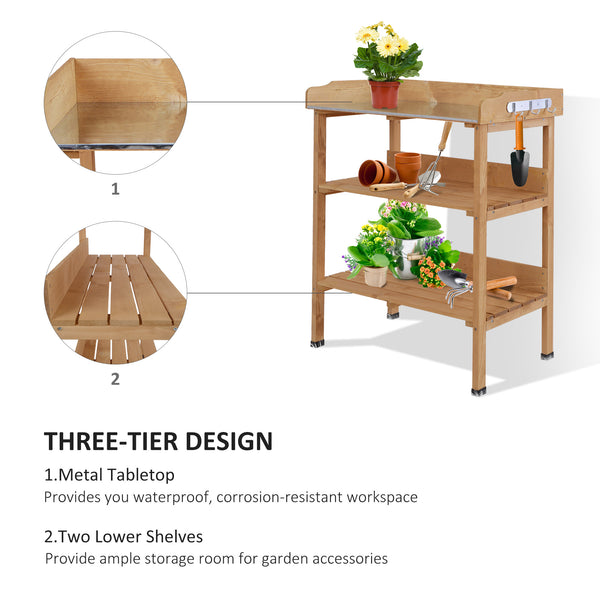 Outdoor Potting Bench, Wooden Potting Table with Storage Shelf, Metal Table Top, Hooks for Backyard, Patio, Balcony, Natural
