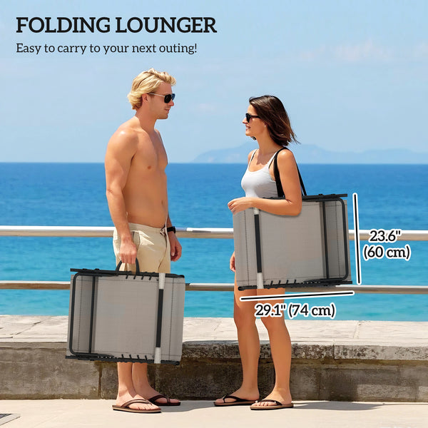 Folding Outdoor Lounge Chair Set of 2, 5-Position Reclining Patio Chaise Lounge Chairs, Tanning Chair with Cushion, Headrest, Side Pocket for Beach, Poolside, Brown/Blue