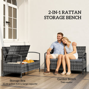 Wicker Outdoor Storage Bench, 33 Gallon PE Rattan Deck Box Seat, 2-Seater Patio Bench with Storage and Cushion for Garden Tools, Balcony, Backyard, Pool, Grey