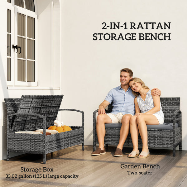 Wicker Outdoor Storage Bench, 33 Gallon PE Rattan Deck Box Seat, 2-Seater Patio Bench with Storage and Cushion for Garden Tools, Balcony, Backyard, Pool, Grey