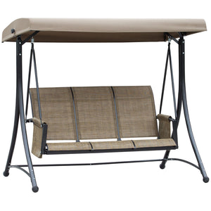 3 Person Porch Swing Outdoor Swing Chair with High Back Design, Side Pouches and Adjustable Canopy, Brown