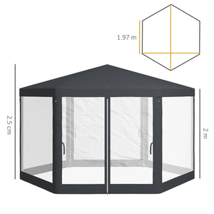 4M Hexagon Gazebo, Netting Party Tent, Patio Canopy Outdoor Event Shelter for Activities, Shade Resistant, Dark Grey