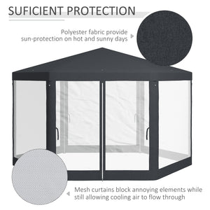 4M Hexagon Gazebo, Netting Party Tent, Patio Canopy Outdoor Event Shelter for Activities, Shade Resistant, Dark Grey