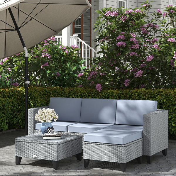 5 Pieces PE Rattan Garden Furniture Set, 4 Seater Garden Corner Sofa Set with Glass Coffee Table, Wicker Outdoor Furniture Set with Cushions for Patio Deck, Grey