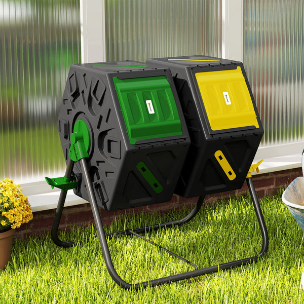 34.5 Gallon Dual Chamber Compost Bin, Rotating Composter, Compost Tumbler with 24 Ventilation Openings and Steel Legs, Yellow and Green