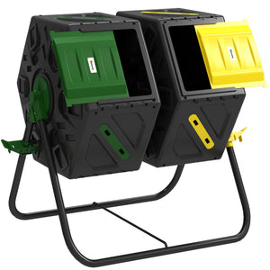 34.5 Gallon Dual Chamber Compost Bin, Rotating Composter, Compost Tumbler with 24 Ventilation Openings and Steel Legs, Yellow and Green