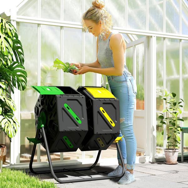 34.5 Gallon Dual Chamber Compost Bin, Rotating Composter, Compost Tumbler with 24 Ventilation Openings and Steel Legs, Yellow and Green