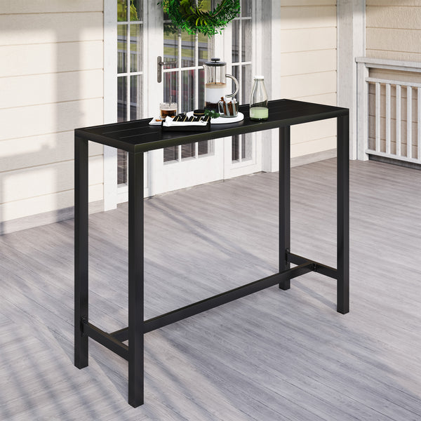 Outdoor Bar Table, 48" L Narrow Bar Height Patio Table, Counter Height Table Bistro Table Hot Tub Table with Slatted Top, Metal Frame for Garden Backyard Poolside, Black