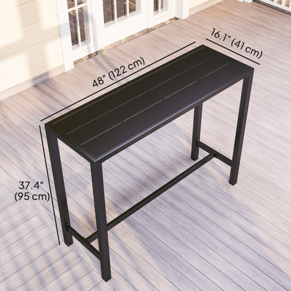 Outdoor Bar Table, 48" L Narrow Bar Height Patio Table, Counter Height Table Bistro Table Hot Tub Table with Slatted Top, Metal Frame for Garden Backyard Poolside, Black