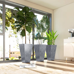 28 Inch Tall Planters for Outdoor Plants, Set of 3 Plastic Flower Pots with Marble Finish and Drainage Holes, Stackable Tapered Large Planters for Indoor Plants, Front Porch Decor, Gray