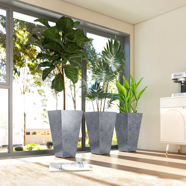 28 Inch Tall Planters for Outdoor Plants, Set of 3 Plastic Flower Pots with Marble Finish and Drainage Holes, Stackable Tapered Large Planters for Indoor Plants, Front Porch Decor, Gray