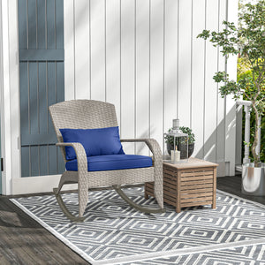 Outdoor Wicker Adirondack Rocking Chair, Patio Rattan Rocker Chair with High Back, Seat Cushion and Pillow for Garden, Porch, Balcony, Dark Blue