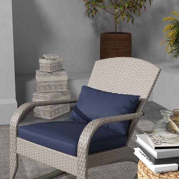 Outdoor Wicker Adirondack Rocking Chair, Patio Rattan Rocker Chair with High Back, Seat Cushion and Pillow for Garden, Porch, Balcony, Dark Blue