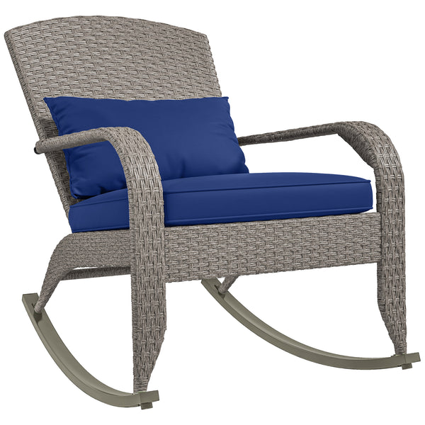 Outdoor Wicker Adirondack Rocking Chair, Patio Rattan Rocker Chair with High Back, Seat Cushion and Pillow for Garden, Porch, Balcony, Dark Blue