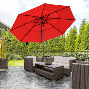 9FT 3 Tiers Patio Umbrella Outdoor Market Umbrella with Crank, Push Button Tilt for Deck, Backyard and Lawn, Red