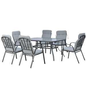 7 Pieces Garden Dining Set, Outdoor Dining Set with Cushions, Tempered Glass Top Table, Umbrella Hole, Texteline Seats, 6 Seater Garden Table and Chairs, Grey