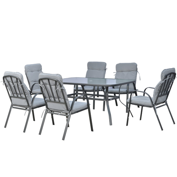 7 Pieces Garden Dining Set, Outdoor Dining Set with Cushions, Tempered Glass Top Table, Umbrella Hole, Texteline Seats, 6 Seater Garden Table and Chairs, Grey