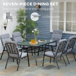 7 Pieces Garden Dining Set, Outdoor Dining Set with Cushions, Tempered Glass Top Table, Umbrella Hole, Texteline Seats, 6 Seater Garden Table and Chairs, Grey