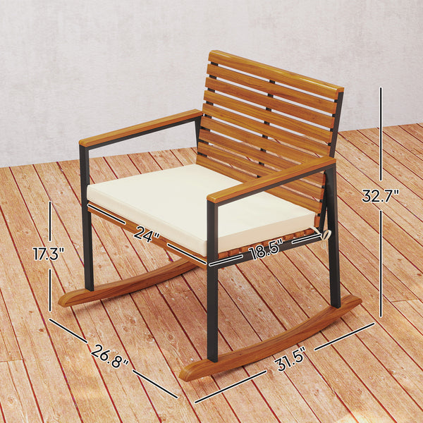 Outdoor Rocking Chair Set of 2, Acacia Wood Outdoor Rockers with Armrests, Cushion, Patio Wooden Rocking Chair Set for Garden, Balcony, Porch, 353 lbs. Capacity, Cream White